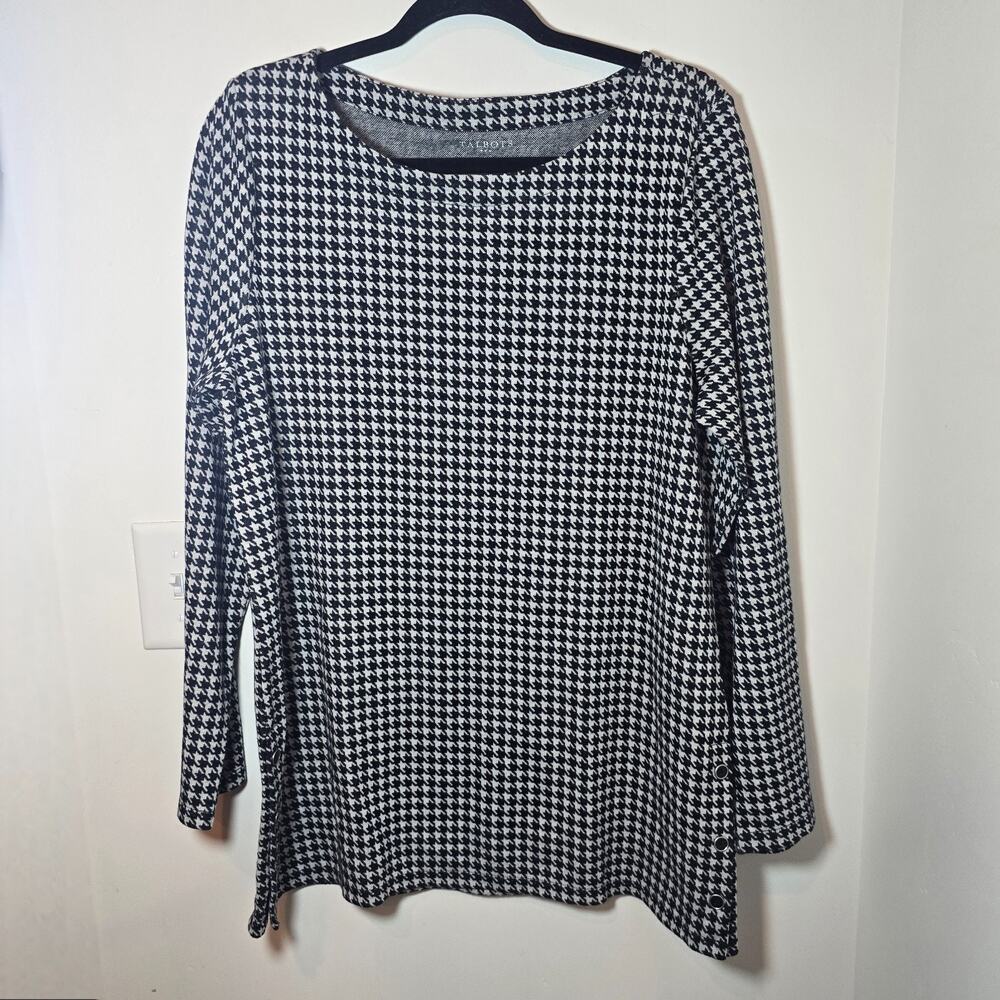 Talbots Classic Houndstooth Top sz L Knit Cotton White Black Sweater Preppy